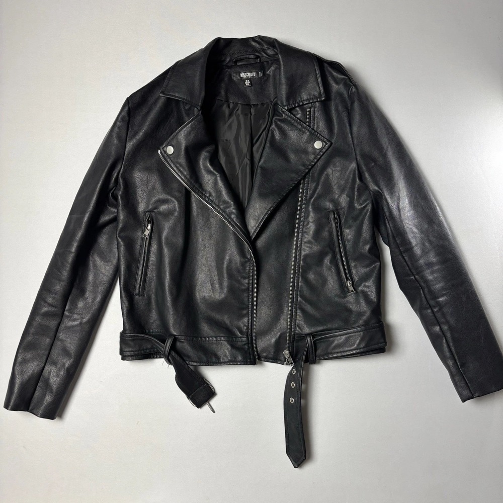Missguided Black Faux Leather Moto Jacket Women US 8 Biker Zip Belted